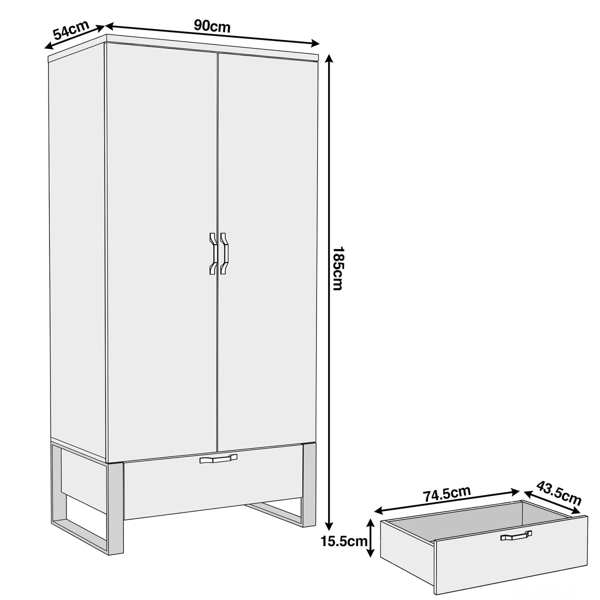 [Rustic Dark Wood]    2 door wardrobe dimensions: 90 x 54 x 185cm, drawer shown as 74.5 x 43.5 x 15.5cm