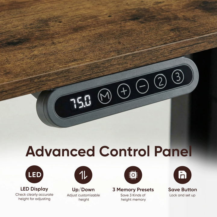 [140cm x 60cm] LED controller on 140cm rustic adjustable desk; up and down keys plus three memory preset buttons