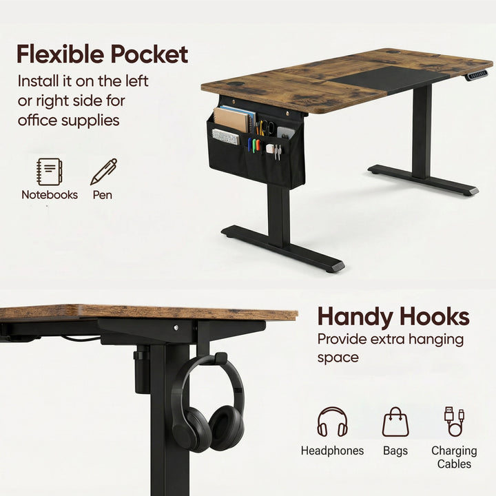 [140cm x 60cm] Flexible side pocket on 140cm rustic desk mounts left or right, hook holds cables and bags