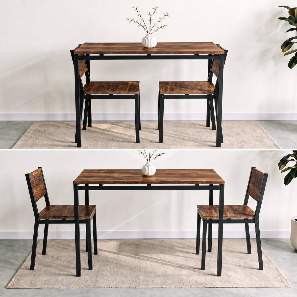 [Rustic] Space-saving breakfast table with two chairs tucked completely underneath the table, then pulled out & ready to use.