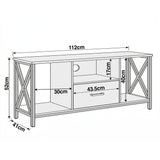[Rustic] Calvera rustic TV unit dimensions diagram: 112cm wide, 52cm high, 41cm deep, drawer 43.5cm wide, side bays 30cm