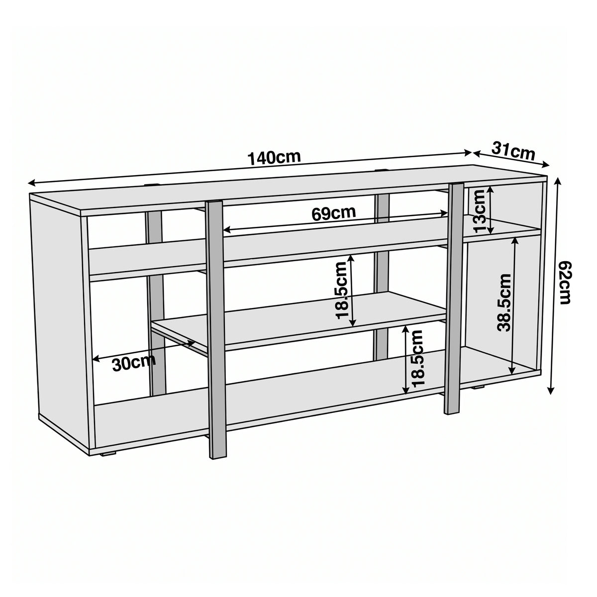 [Rustic] Zelumi TV cabinet dimension diagram showing 140cm width, 62cm height, 31cm depth with internal shelf spacing measurements labelled