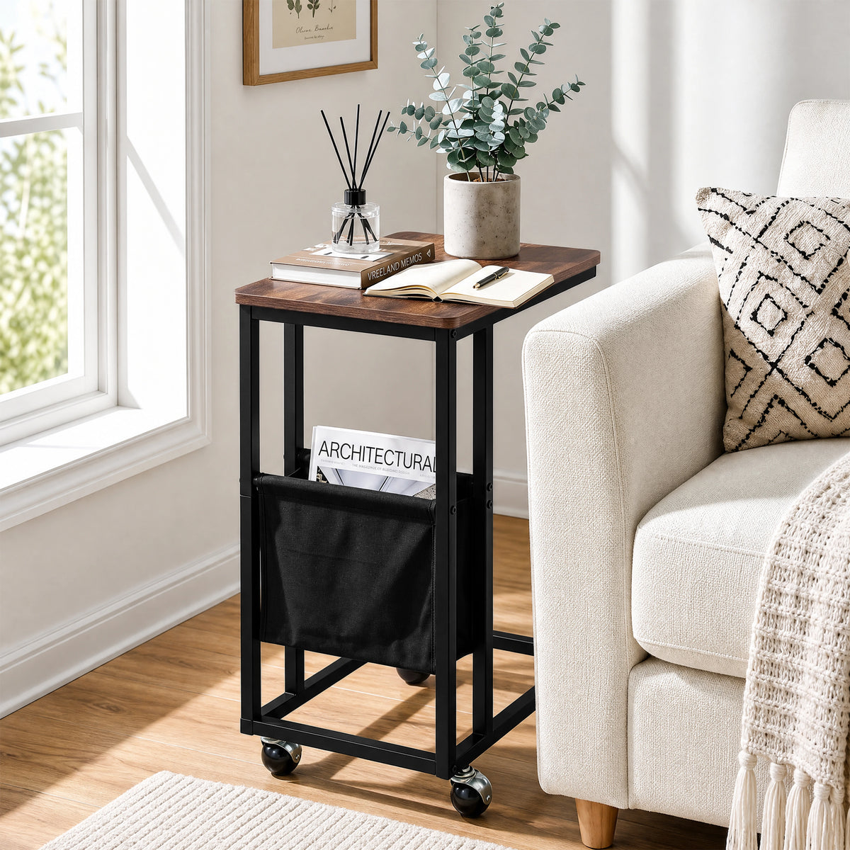 [Rustic] compact side table beside sofa with rustic wood-effect top, slim frame, pouch and caster wheels