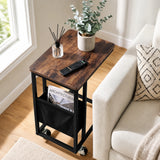 [Rustic] Top-down view of C-shaped side table with rustic wood-effect top, rounded top and side pouch