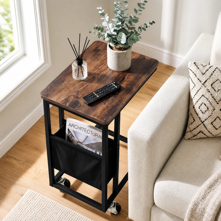 [Rustic] Top-down view of C-shaped side table with rustic wood-effect top, rounded top and side pouch