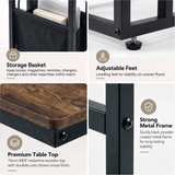 [Rustic] feature graphic: storage basket, premium tabletop and strong metal frame details