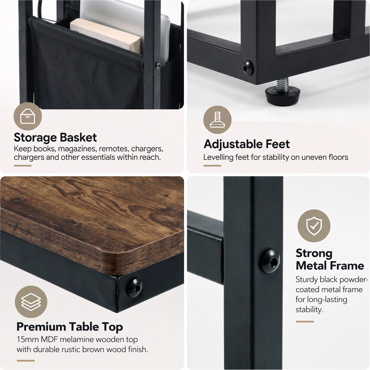[Rustic] feature graphic: storage basket, premium tabletop and strong metal frame details