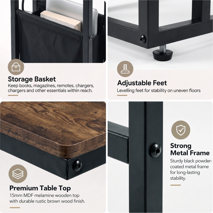 [Rustic] feature graphic: storage basket, premium tabletop and strong metal frame details