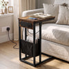 [Rustic] C-shaped side table by sofa with rustic wood-effect top, socket panel, black pouch and sofa base
