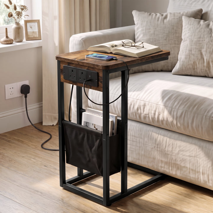[Rustic] C-shaped side table by sofa with rustic wood-effect top, socket panel, black pouch and sofa base