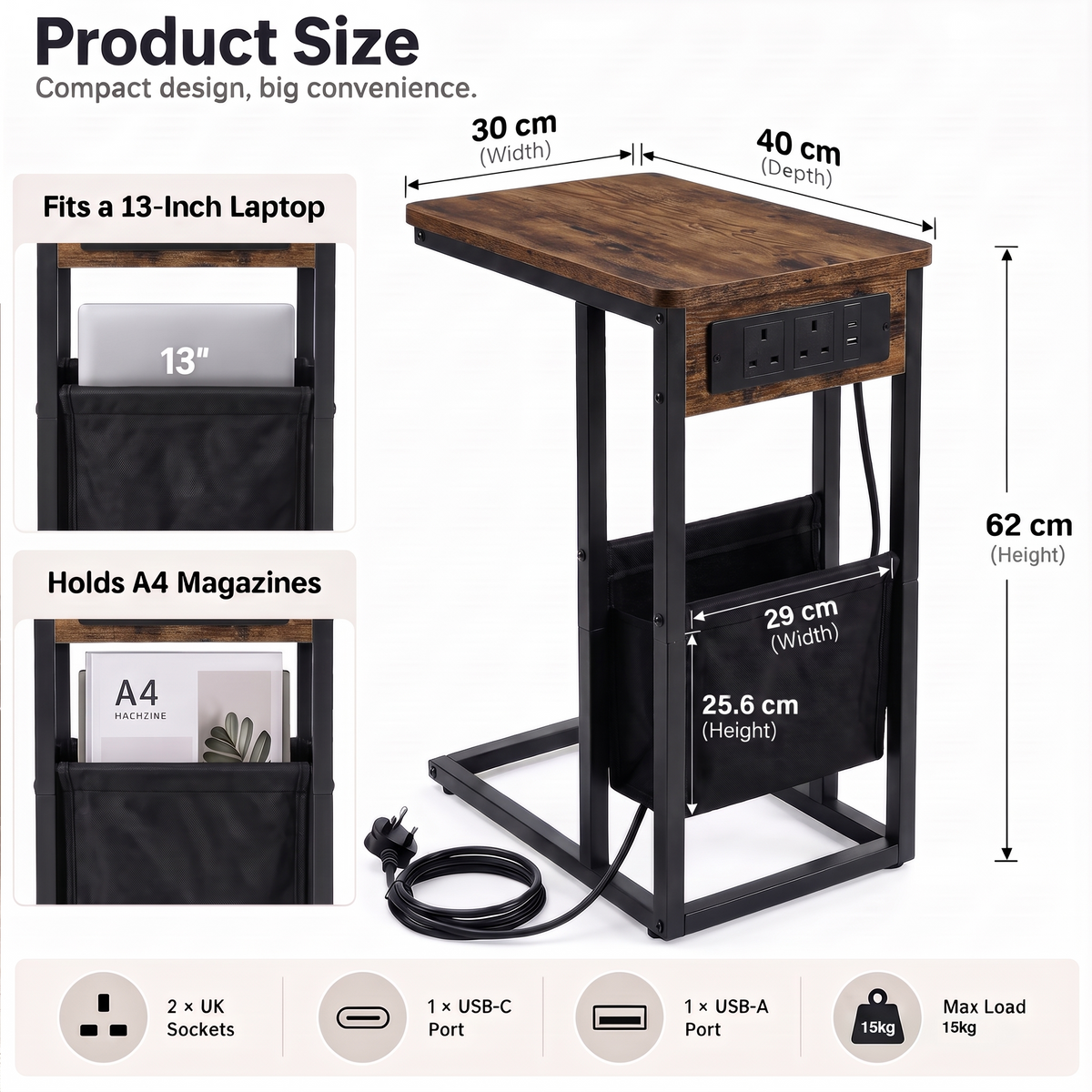 [Rustic] Size graphic: 30W x 40D x 62H cm; pouch for 13-inch laptop & A4 magazines; USB-A/C, 2 UK sockets, 15kg weight limit