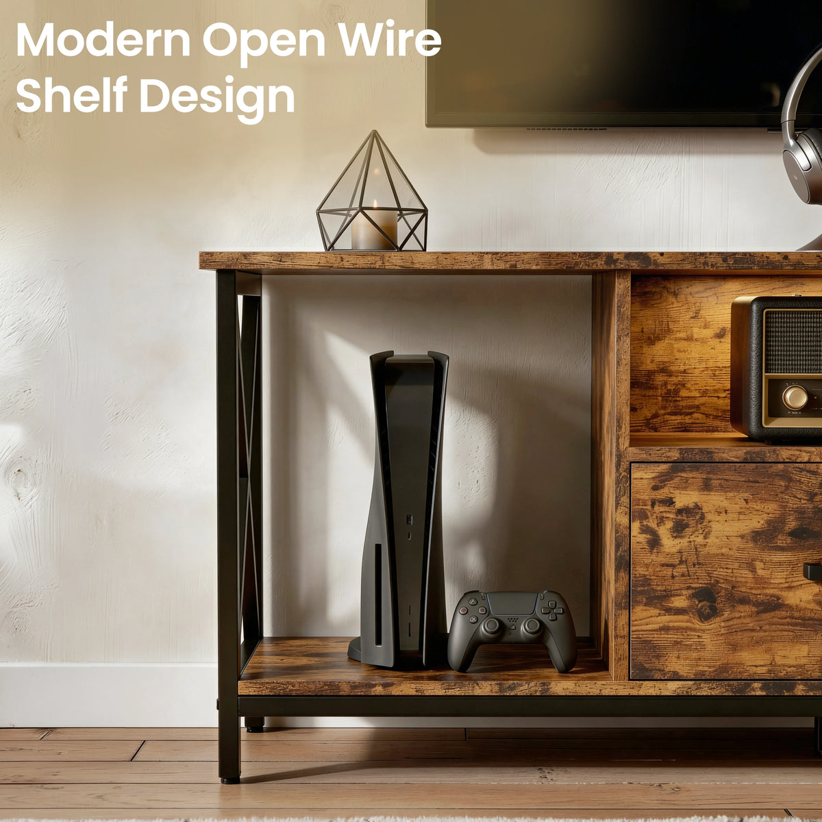 [Rustic] Calvera rustic TV unit shelf close-up, PS5-style console standing in bay, X-shaped metal frame visible