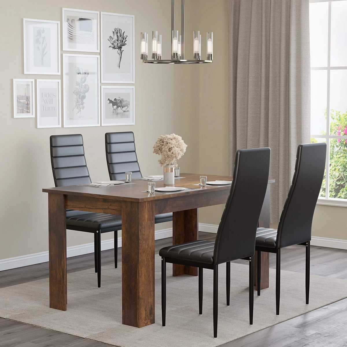 [4 Seater | Black] Side view black ribbed chairs around compact 112cm rustic dining table
