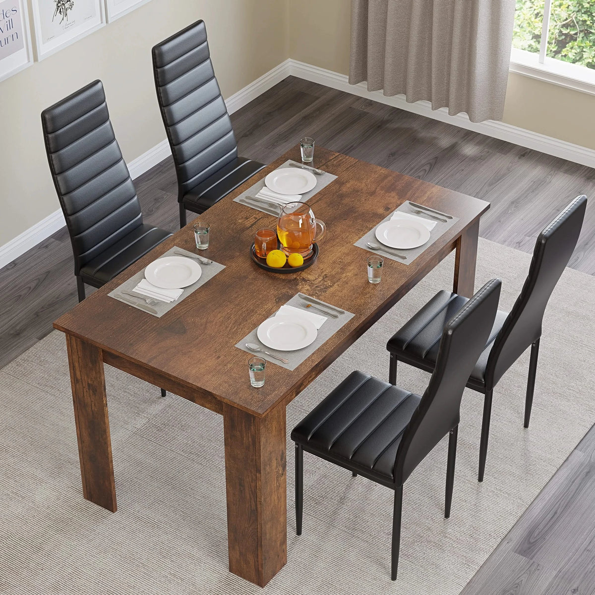 [4 Seater | Black] Top view rustic 112cm finish dining table laid with four settings and black chairs