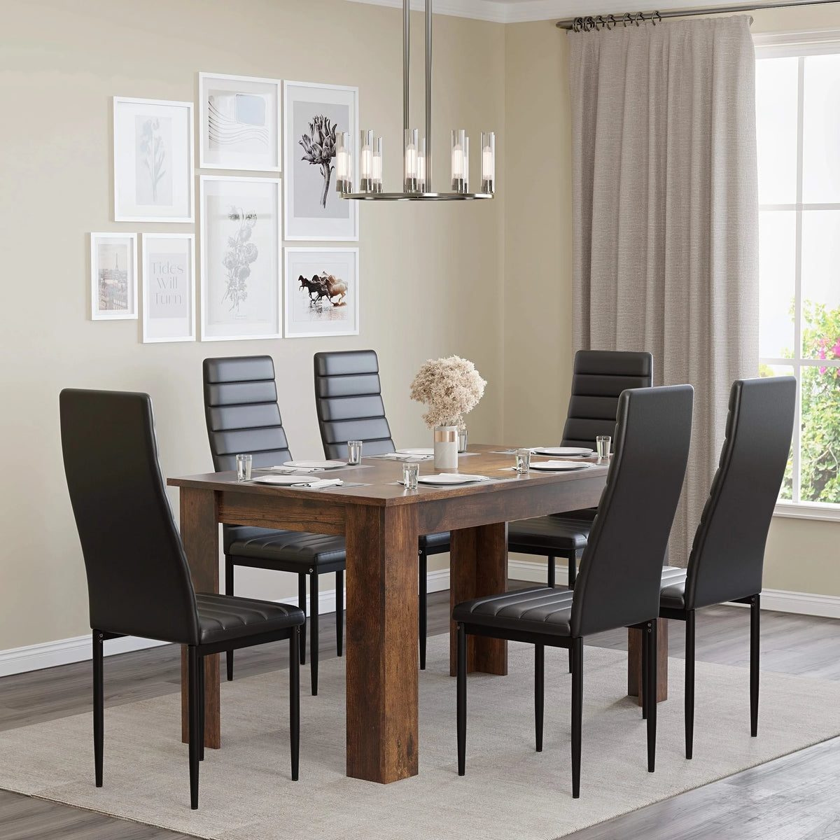[6 Seater | Black] Six black PU chairs around 140cm rustic dining table with pendant chandelier above