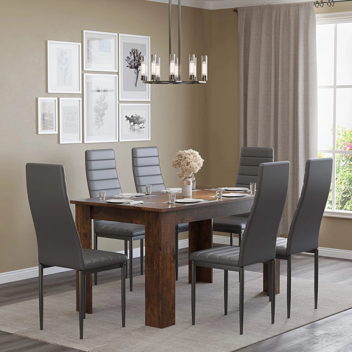 [6 Seater | Grey] Side view grey ribbed chairs flanking long rustic dining table in room