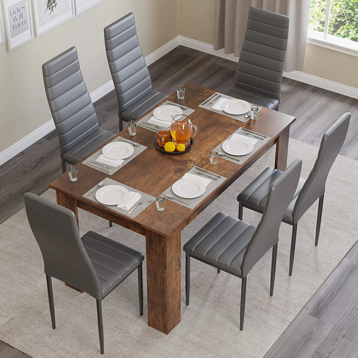 [6 Seater | Grey] Top down view of rustic dining set with six grey chairs and centre flower vase