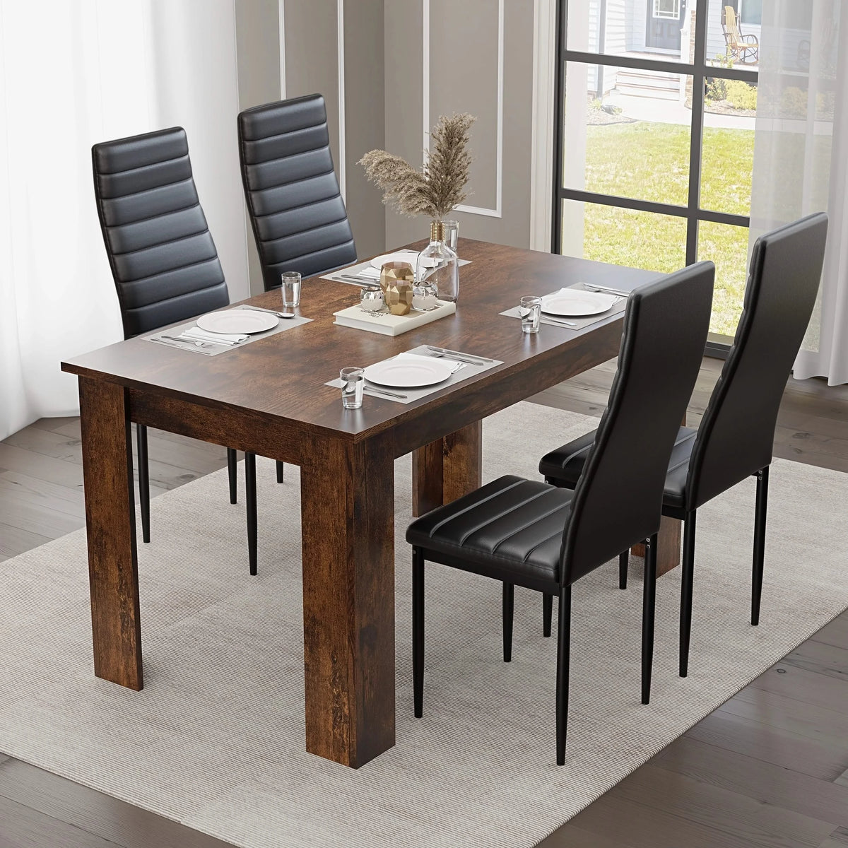 [4 Seater | Black] Rustic finish 4 seater dining set with black ribbed chairs and place settings