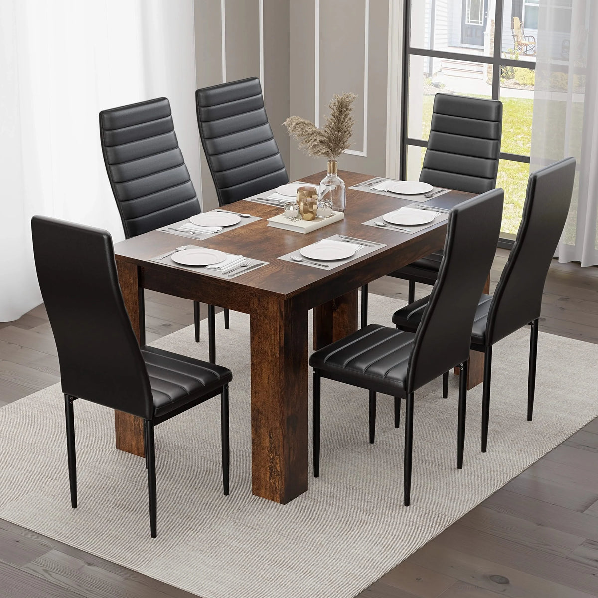 [6 Seater | Black] Six black PU leather dining chairs set around 140cm rustic finish table by tall window