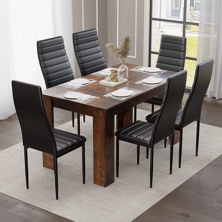 [6 Seater | Black] Six black PU leather dining chairs set around 140cm rustic finish table by tall window