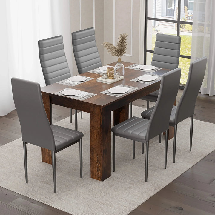 [6 Seater | Grey] Six grey PU leather dining chairs around rustic finish 140cm dining table