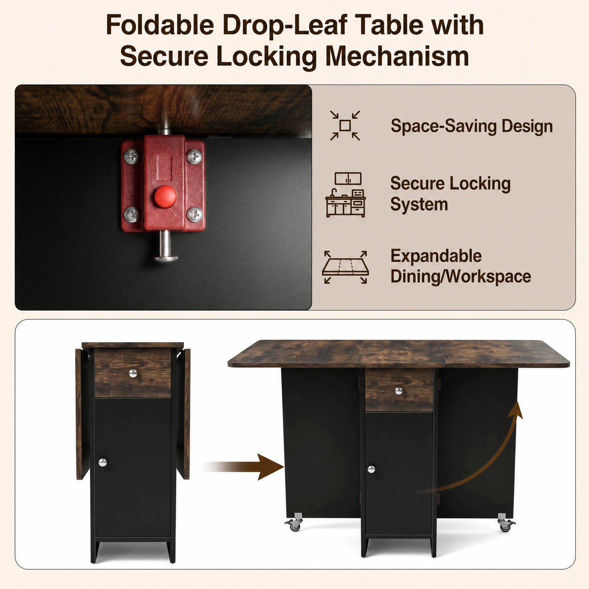 [Rustic] Drop leaf dining table guide showing the red locking catch and steps from folded to fully open using side leaves.