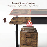 [110cm x 60cm] Safety stop demo on rustic standing desk: red dotted contact zone on underside, warning triangle above books