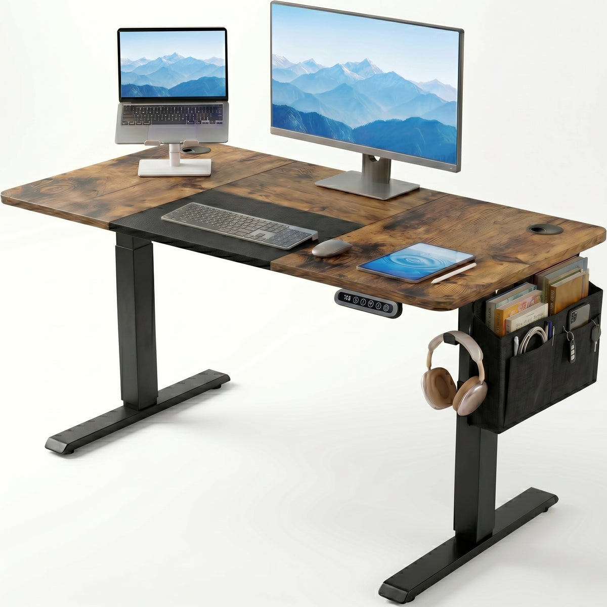[120cm x 60cm] Rustic Electric Standing Desk with dark wood top, dual monitor and laptop stand setup, tablet, side organiser, and headphones