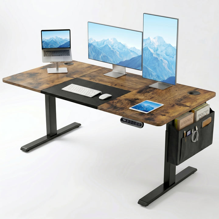 [140cm x 60cm] Rustic Electric Standing Desk with dark wood top, triple screen and laptop stand setup, tablet, and side storage organiser