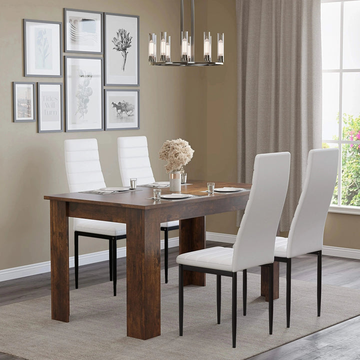 [4 Seater | White] Side view white ribbed chairs around compact 112cm rustic dining table