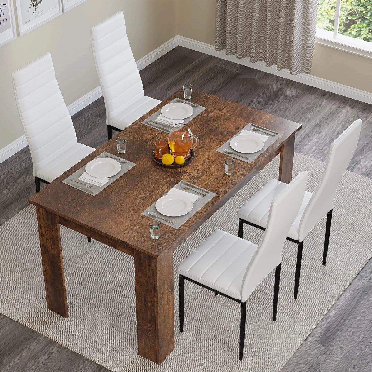 [4 Seater | White] Top down view rustic dining set with four white chairs and centre fruit bowl
