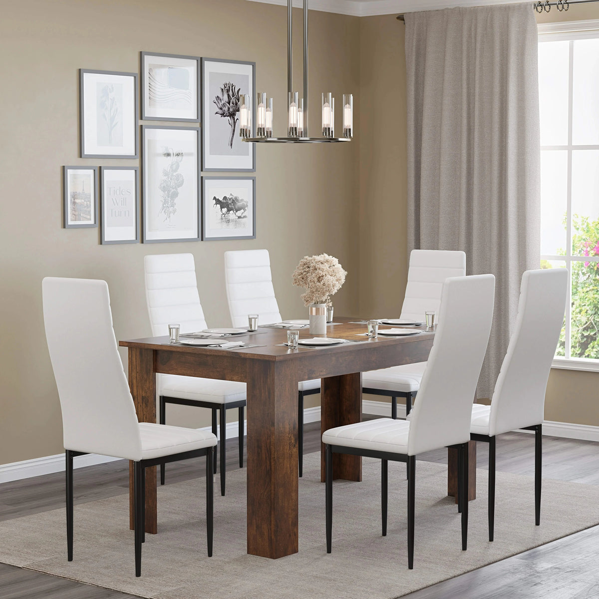 [6 Seater | White] Side view white ribbed chairs flanking long rustic dining table in room