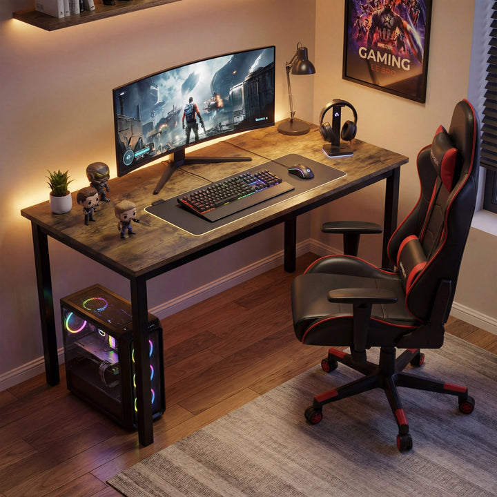 [120 X 50 cm]  gaming setup on rustic home office desk 120x50cm, curved screen and tripod desk lamp