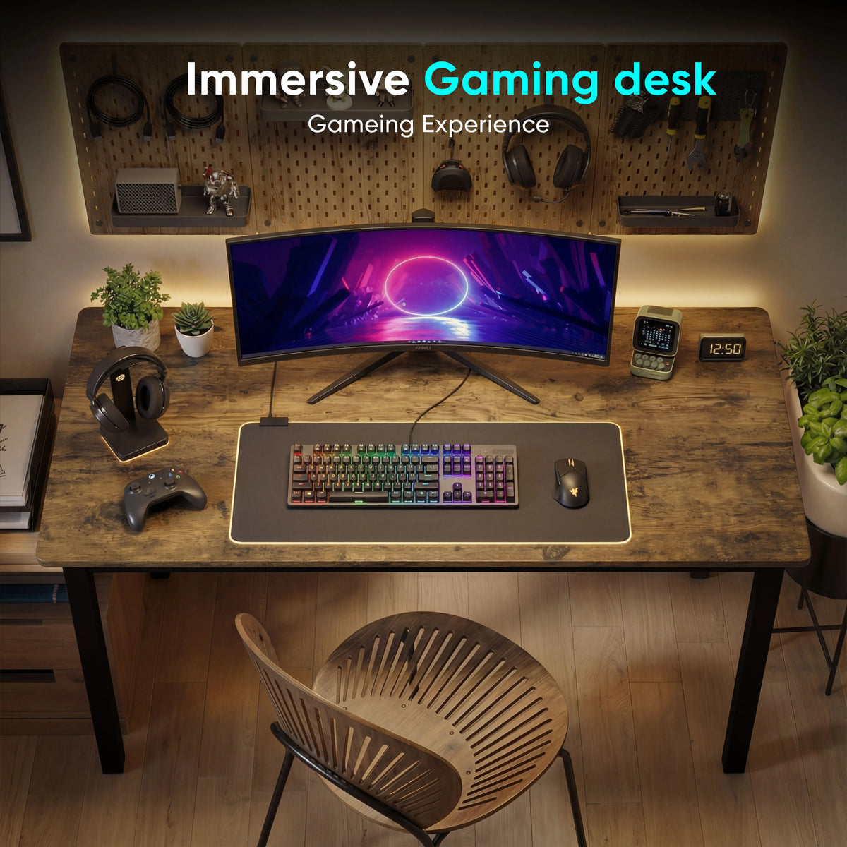 [120 X 50 cm] home office desk 120x50cm overhead, ultrawide monitor and RGB keyboard with controller