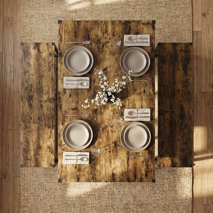 [Rustic] Orvak Dining Table with Bench Set 4 Seater overhead top-down view with plates and cutlery laid out