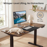 [120cm x 60cm] Under-55db quiet operation on rustic 120cm standing desk, a cat sleeps on the rustic-brown top