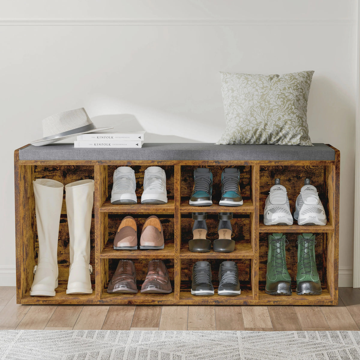 [Rustic] Shoe storage bench front view in rustic wood finish, cream boots in left cubby, on light floor