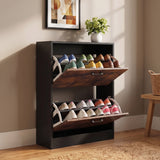 [Black & Rustic] 2 Drawer Slim Shoe Storage Cabinet for Hallway with both storage drawers tilted extended open.