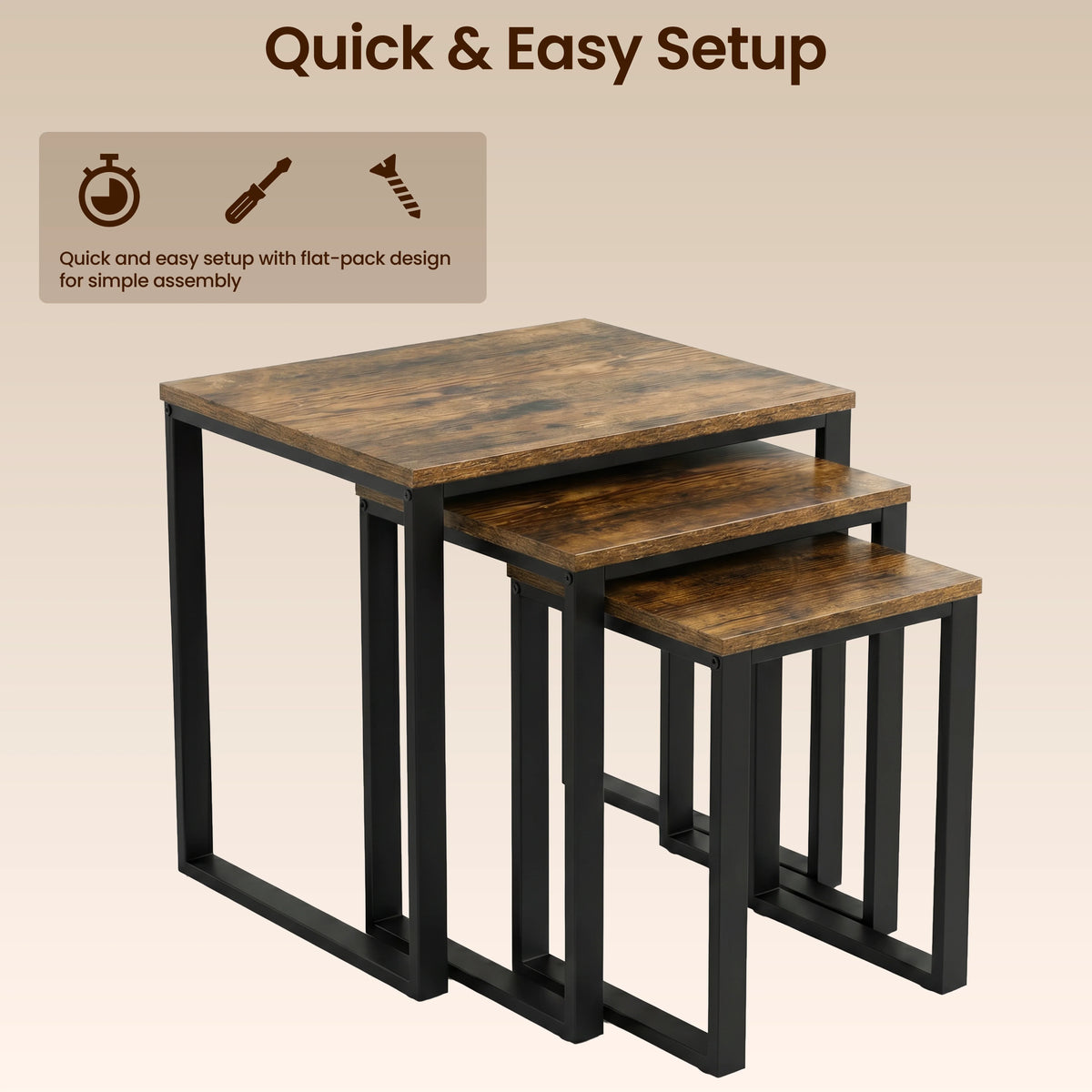 [Rustic] Stackora set of 3 nest of tables stacked together showing quick and easy flat-pack assembly icons on warm beige background