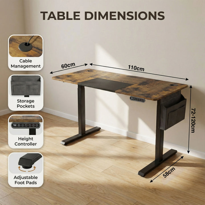 [110cm x 60cm] Labelled diagram with cable tray, pocket and controller icons; 110x60cm top, 72-120cm height, 58cm base