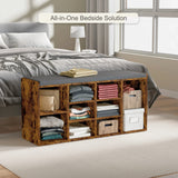 [Rustic] Rustic shoe storage bench at foot of grey bed with folded clothes, basket and white box in cubbies