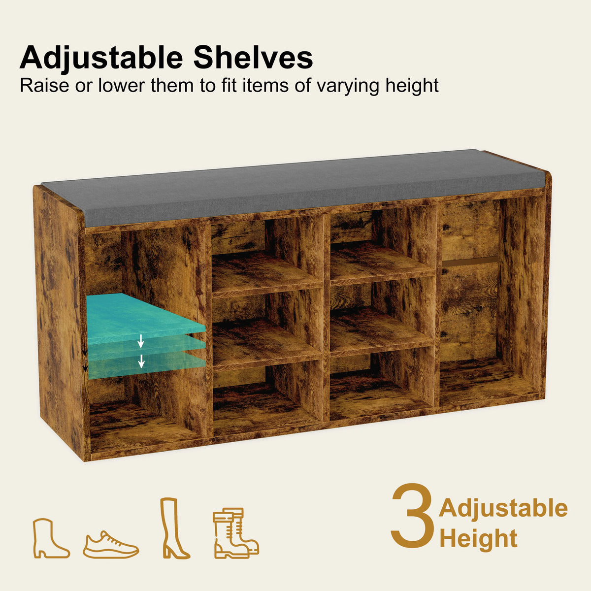 [Rustic] Shoe Storage Bench with Cushion featuring 3 adjustable shelves for customizable shoe rack cabinet