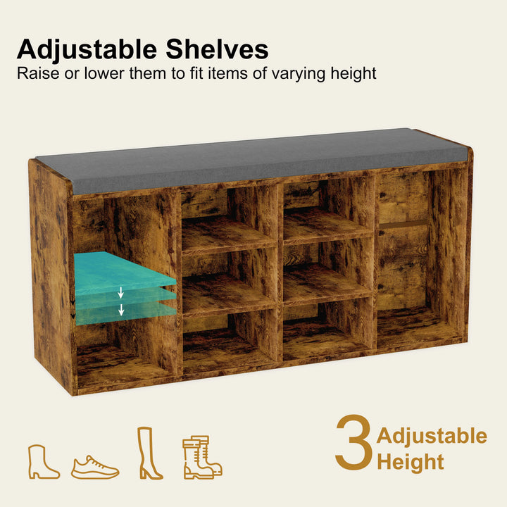 [Rustic] Shoe Storage Bench with Cushion featuring 3 adjustable shelves for customizable shoe rack cabinet