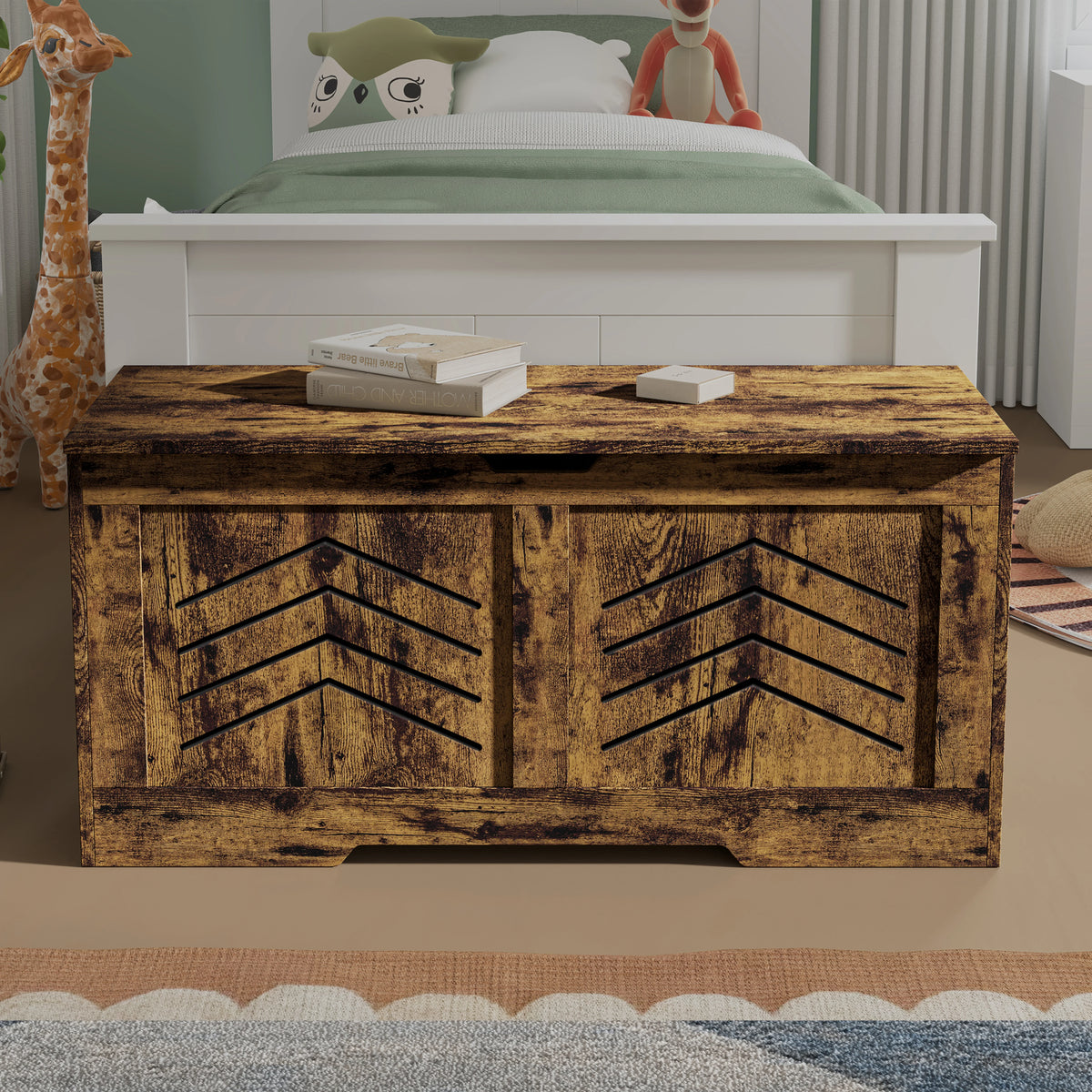 [Rustic] Wooden storage chest with arrow designs in a bedroom setting