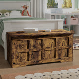 [Rustic] Storage Chest Shaker Style Blanket or Toy Box three-quarter view in children's bedroom with white bed and open bookcase storage visible behind
