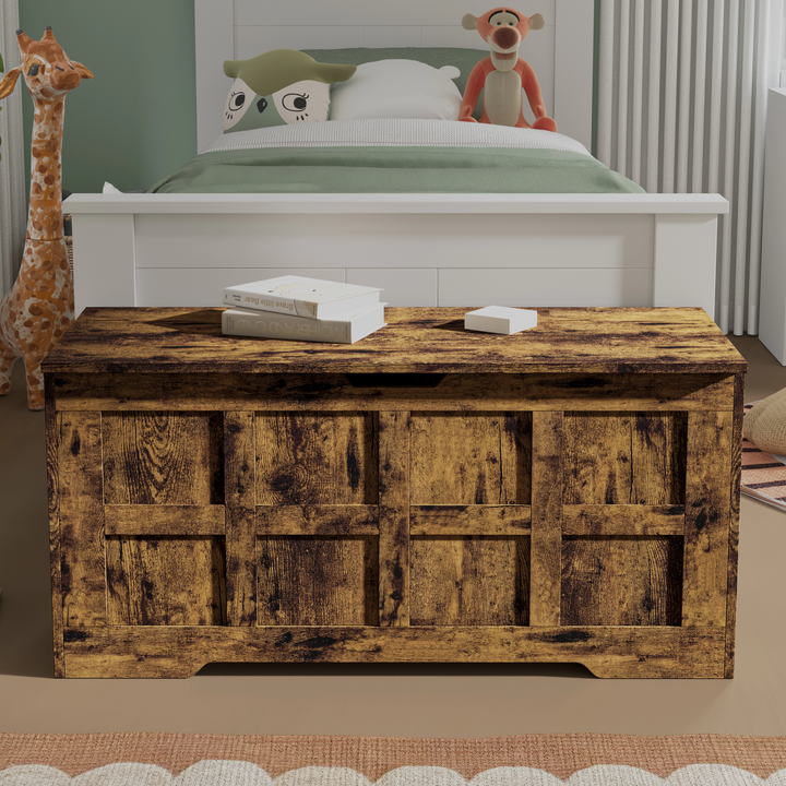 [Rustic] Storage Chest Shaker Style Blanket or Toy Box closed front view positioned at foot of children's bed with books resting on top