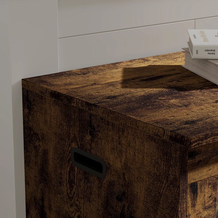 [Rustic] Storage Chest Shaker Style Blanket or Toy Box close-up detail showing distressed wood grain surface texture and recessed black carry handle on side
