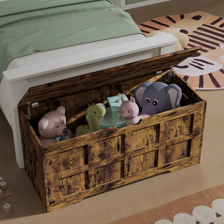 [Rustic] Storage Chest Shaker Style Blanket or Toy Box lid fully open from above showing interior filled with soft toys beside a children's bed