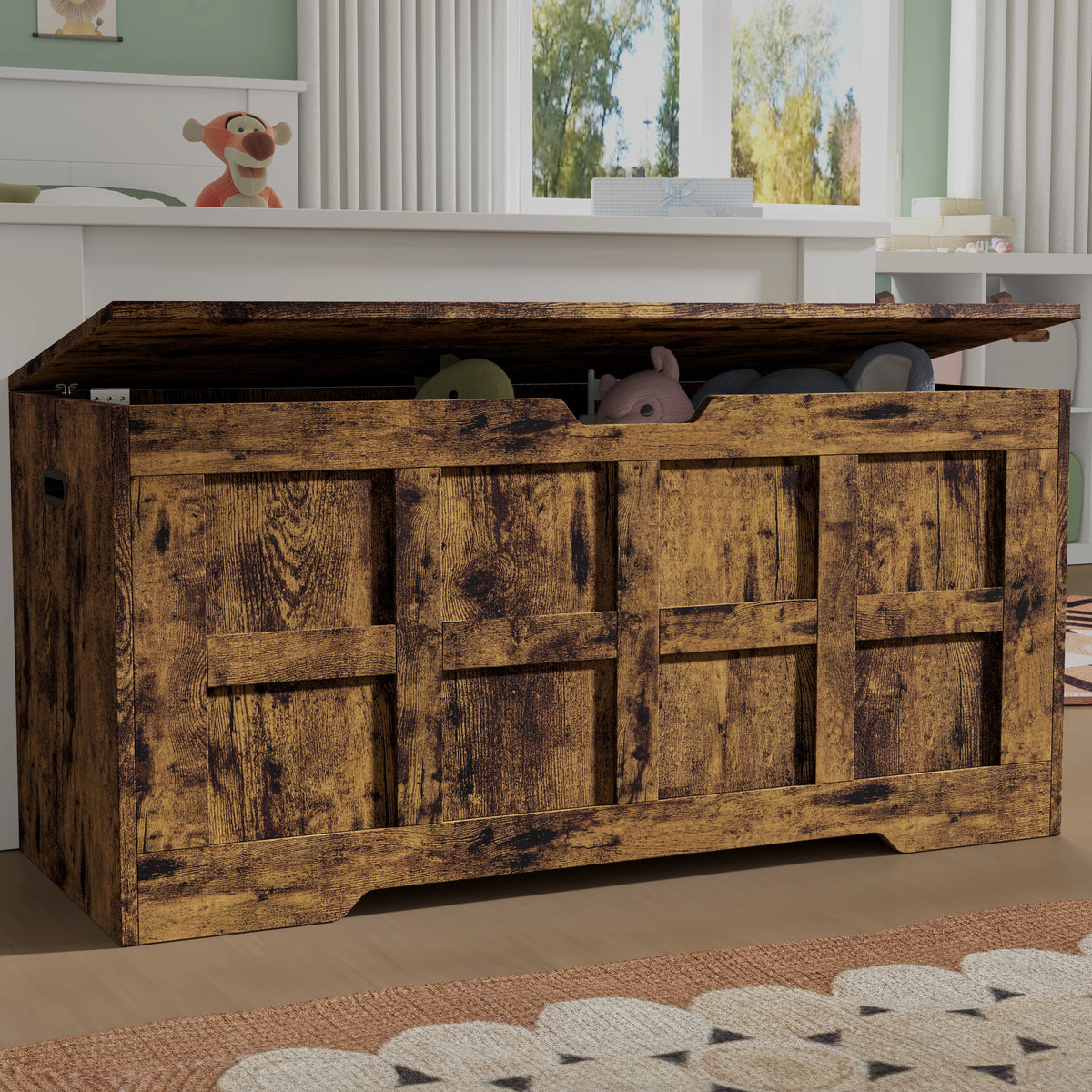 [Rustic] Storage Chest Shaker Style Blanket or Toy Box with lid open showing stuffed toys inside in a children's bedroom with sage green walls
