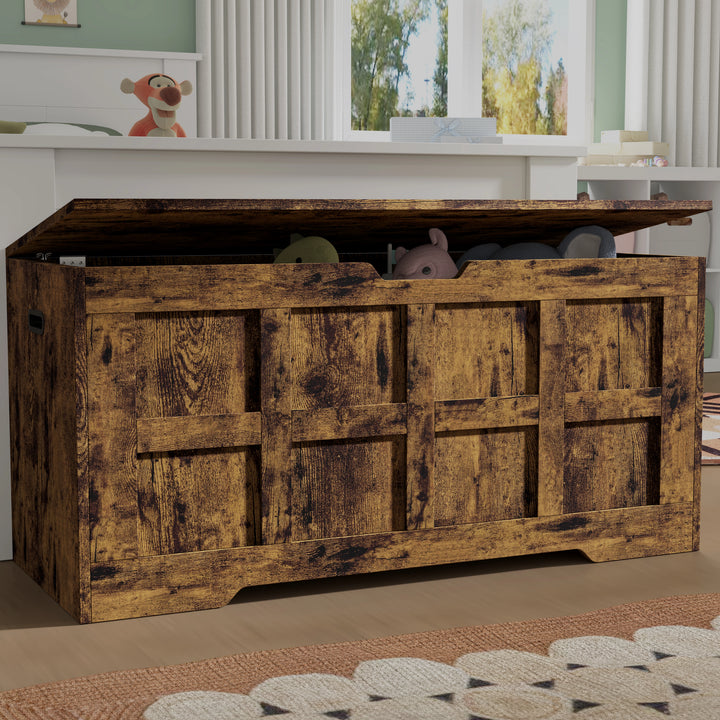 [Rustic] Storage Chest Shaker Style Blanket or Toy Box with lid open showing stuffed toys inside in a children's bedroom with sage green walls